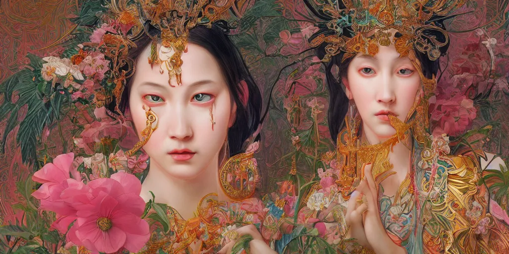 Image similar to breathtaking detailed concept art painting of the goddess of flamingo, orthodox saint, with anxious, piercing eyes, ornate background, amalgamation of leaves and flowers, by Hsiao-Ron Cheng and John James Audubon, extremely moody lighting, 8K