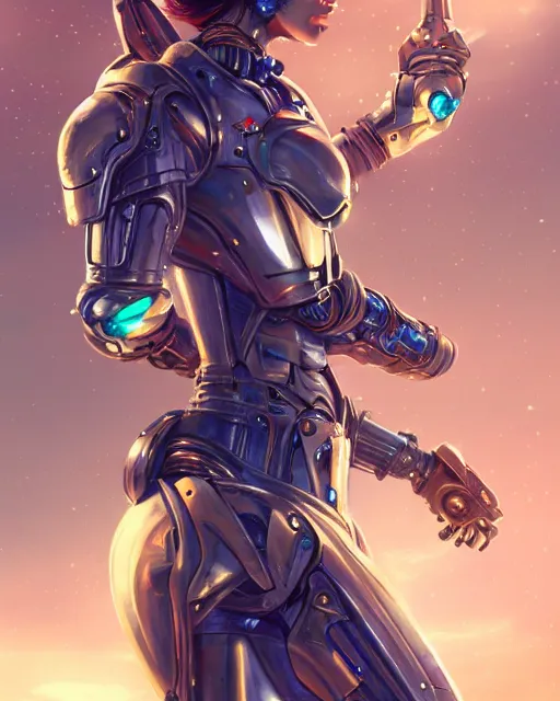 Image similar to holy cyborg girl with golden armor, elegant, scifi, jetpack, alien world, futuristic, utopia, garden, colorful, lee ji - eun, illustration, atmosphere, top lighting, blue eyes, focused, artstation, highly detailed, art by yuhong ding and chengwei pan and serafleur and ina wong