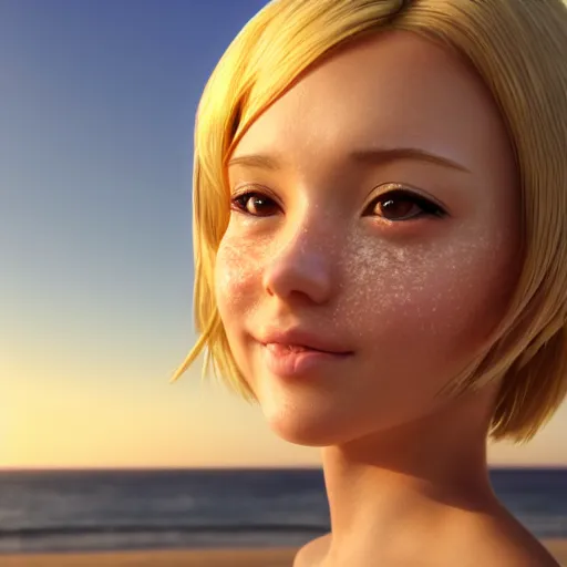 Image similar to Render of a very beautiful 3d anime girl, short blonde hair, hazel eyes, cute freckles, full round face, short smile, cute sundress, golden hour, serene beach setting, medium shot, mid-shot, highly detailed, trending on Artstation, Unreal Engine 4k