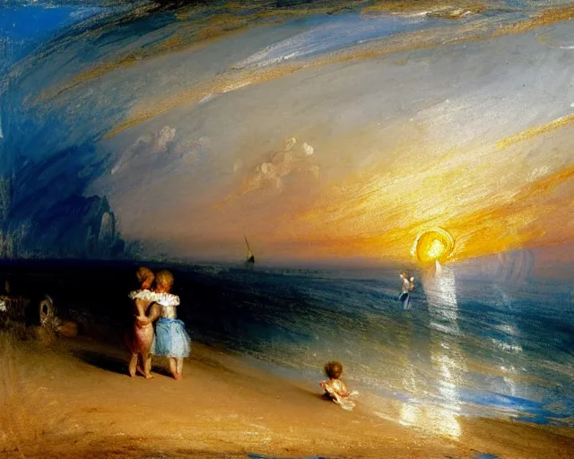 Prompt: a couple and a girl toddler on a beach in sardinia looking at the sunset, there is a sailing boat on the horizon, the woman has long dark hair, white sand, blue sky, summer, white and blue, painting by j. m. w. turner in 2 0 2 2