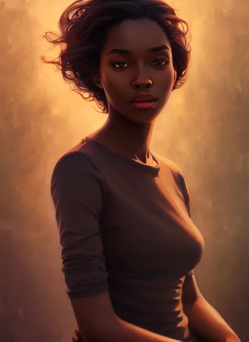 Image similar to handsome young black women with shoulder length brown hair, half body shot, path traced, highly detailed, high quality, digital painting, alena aenami, lilia alvarado, shinji aramaki, karol bak, alphonse mucha, tom bagshaw