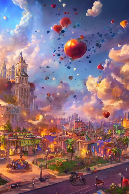 Image similar to ! dream hyperrealistic photo of a city of love, bombs are falling from the sky, medium angle, in the style of hearthstone game