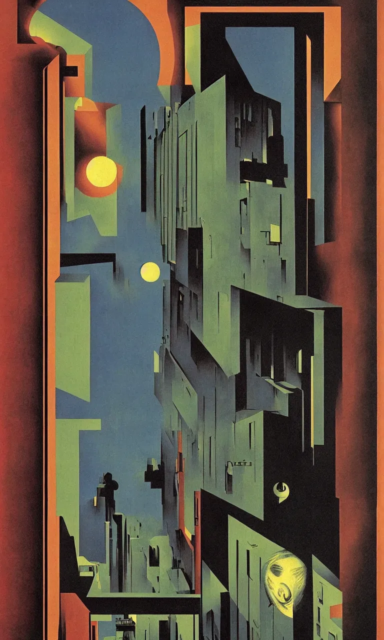 Image similar to Bauhaus Poster by Richard Corben by René Magritte, a door to an abnormal world, surrealism, nightscape