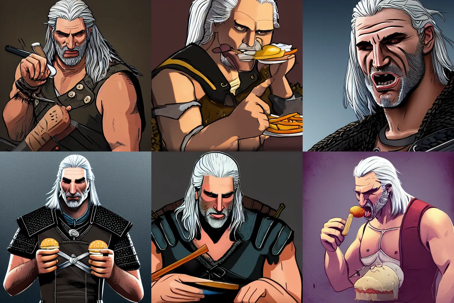 Prompt: Geralt of Rivia in a black tank top stuffing his face at McDonald’s, featured on artstation