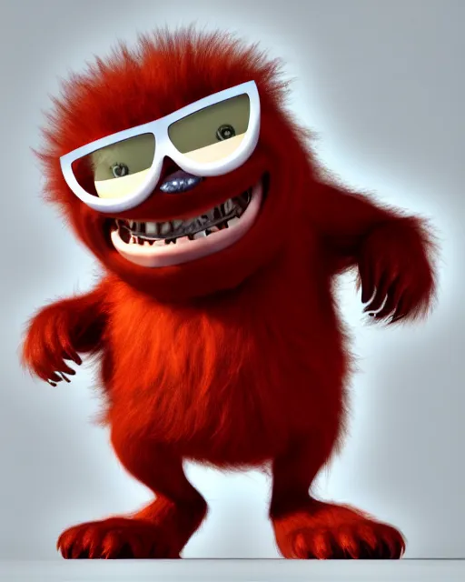 Prompt: 3 d render of completely red hairy friendly antropomorphic creature wearing chrome shades, without nose, grin, full body, standing on 2 feet, in the style of pixar, white background, unreal engine 5, octane render, highly detailed hdr