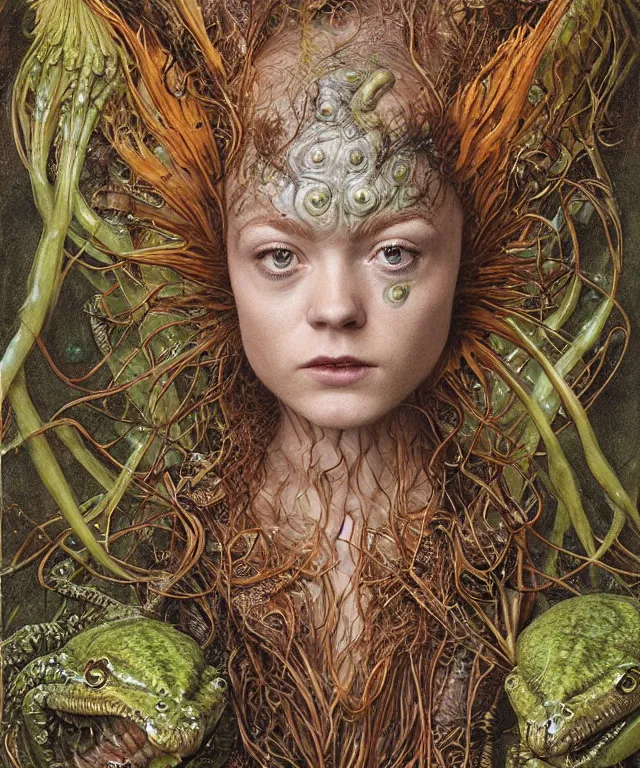 Prompt: a portrait photograph of a fierce sadie sink as an alien harpy queen with slimy amphibian skin. she is trying on evil bulbous slimy organic membrane parasitic fetish fashion and transforming into an sexy insectoid amphibian. by donato giancola, walton ford, ernst haeckel, brian froud, hr giger. 8 k, cgsociety