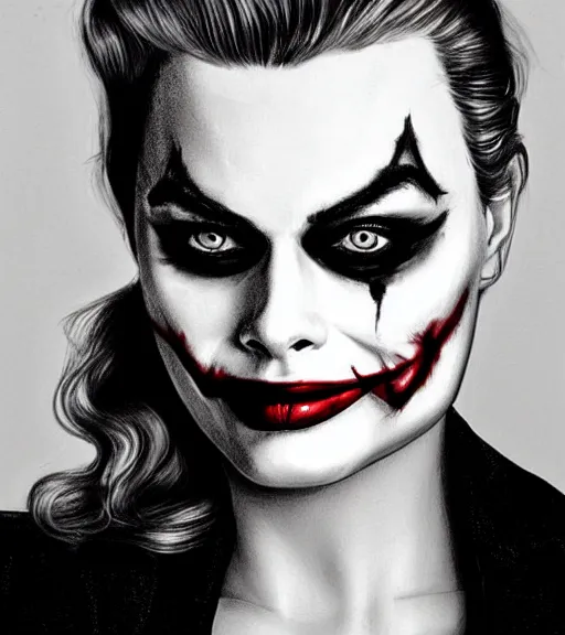 Image similar to margot robbie smiling portrait with joker makeup, black and white realism drawing, realistic face, beautiful eyes, highly detailed