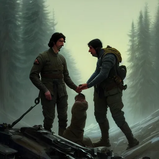 Image similar to portrait of adam driver helping a wounded john oliver, standing together, stoic, full body, military uniform, battle, war, cinematic lighting by darek zabrocki and greg ruthkowski, alphonse mucha, simon stalenhag and cinematic and blue cold atmospheric, concept art, artstation, trending on artstation - w 8 3 2