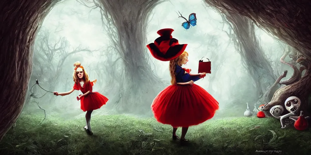 Image similar to Alice in wonderland, horror style, wide angle, super highly detailed, professional digital painting, artstation, concept art, smooth, sharp focus, no blur, no dof, extreme illustration, Unreal Engine 5, Photorealism, HD quality, 8k resolution, cinema 4d, 3D, beautiful, cinematic, art by artgerm and greg rutkowski and alphonse mucha and loish and WLOP