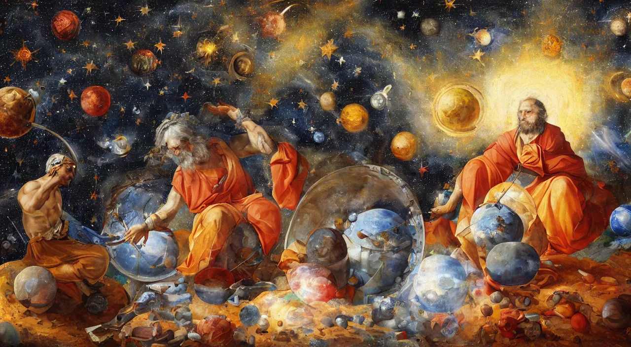 Prompt: Michal Angelo painting of god putting away planets and stars in a bucket. 8k resolution, mural.