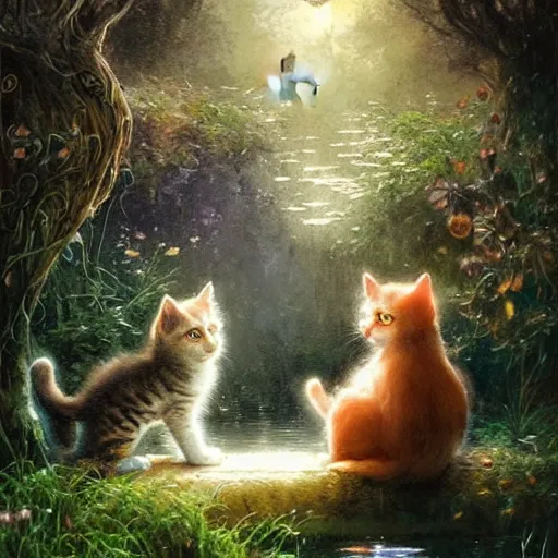 Image similar to two kittens in the enchanted forest watching the goldfish in the stream, fantasy, intricate, extremely detailed, matte, artstation, art by greg rutkowski, louis wain, alan lee