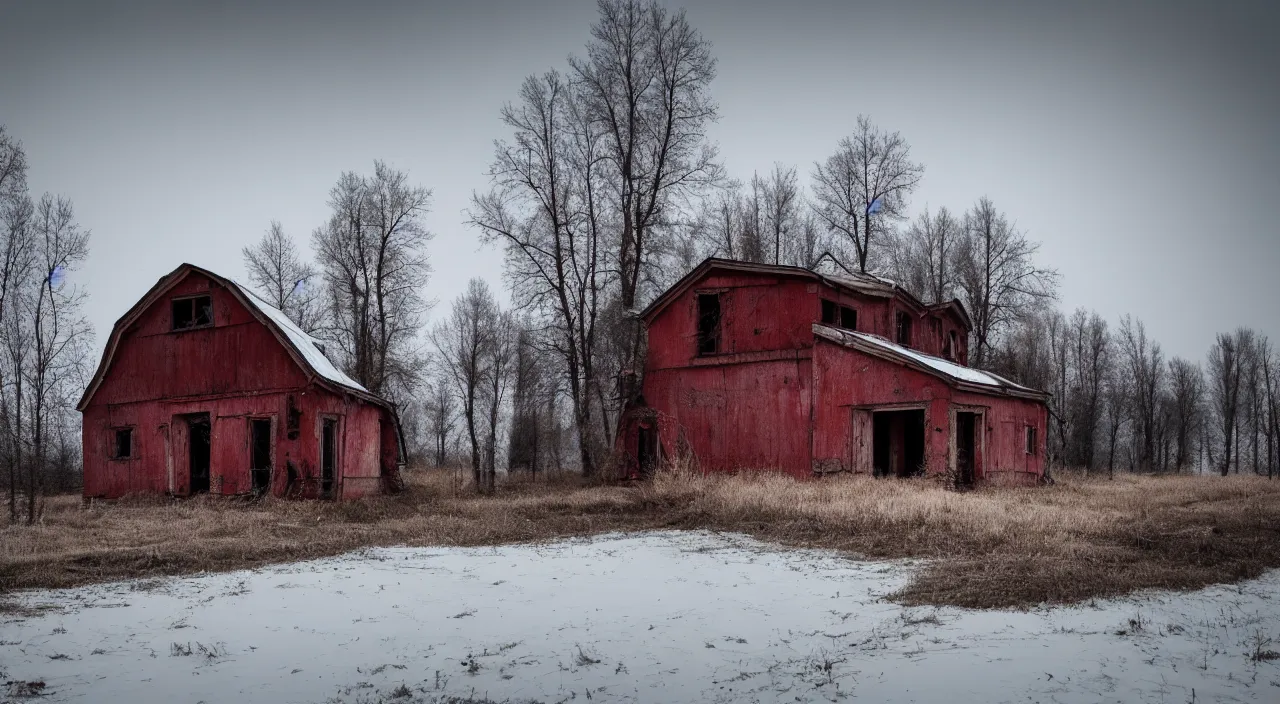 Image similar to russian house, farm, abandoned, lifeless, winter, mud, atmospheric, mystical, very detailed 4 k