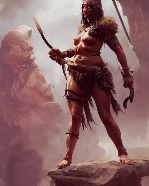 Image similar to hyper realistic photo of barbarian warrior girl, full body, cinematic, artstation, cgsociety, greg rutkowski, james gurney, mignola, craig mullins, brom