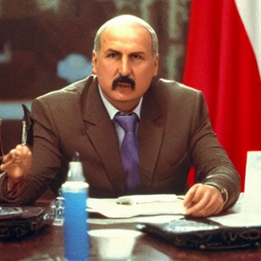 Prompt: Alexander Lukashenko in Scarface, cocaine on the table, belarusian flag in the background, cinematic still