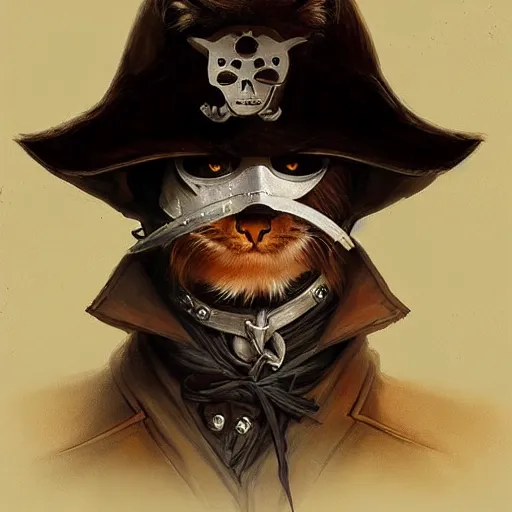 Image similar to portrait, male humanoid cat, eye patch on one eye, black fur, pirate, doctor, pirate clothes, d & d, fantasy, intricate, elegant, highly detailed, digital painting, artstation, concept art, matte, sharp focus, illustration, art by artgerm and greg rutkowski and alphonse mucha