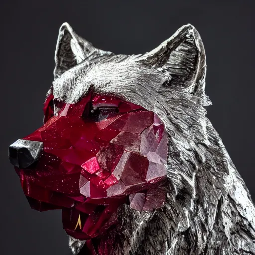 Image similar to portrait photography of a ruby wolf sculpture