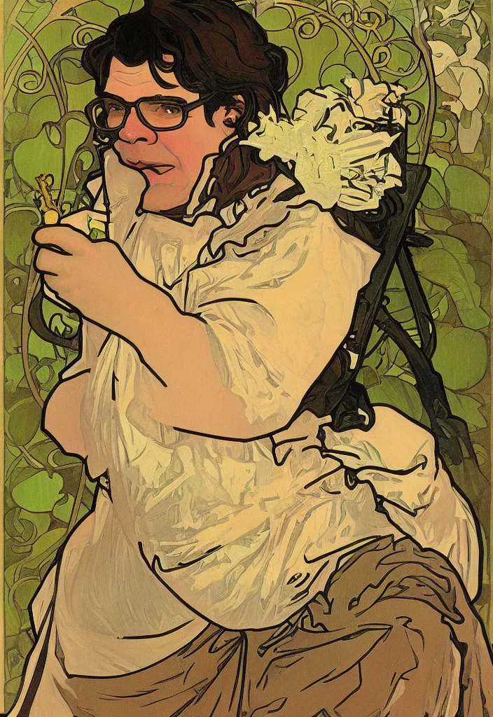 Image similar to yann lecun impersonated as shrek, in art style by alphonse mucha