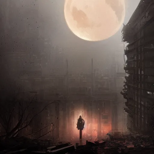 Prompt: A portrait of a suicidal girl, ruins of a destroyed city and a yellow-red full moon on background, techwear, dark, rainy atmosphere, natural volumetric light, intricate, highly detailed, digital painting, concept art, sharp focus, illustration, art by greg rutkowski, matte painting, trending on artstation