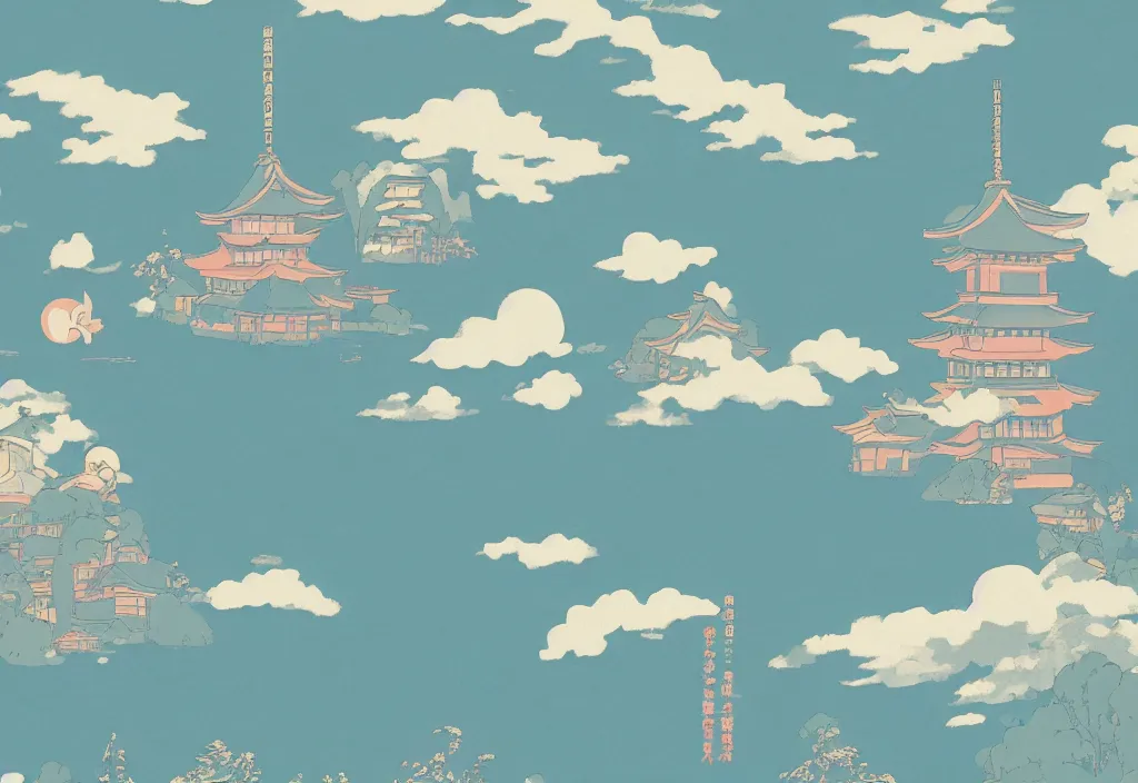 Image similar to studio ghibli style wallpaper, japanese city, washed out, lo fi, pleasant colors