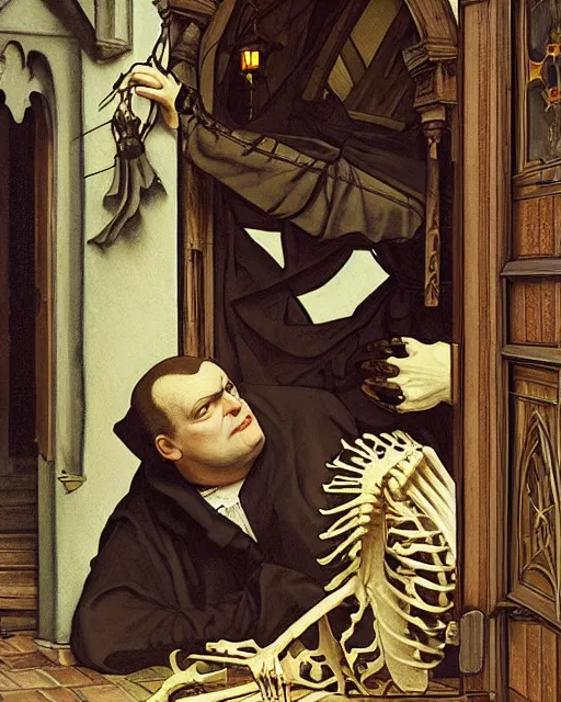 Image similar to A painting of Martin Luther nailing a paper skeleton Halloween decoration to the door of a suburban home, in the styles of Ferdinand Pauwels, Greg Rutkowski, Alphonse Mucha, and Tim Burton, intricate, hyperrealistic, accurate facial details, volumetric lighting