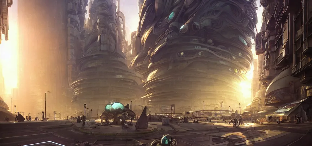 Prompt: futuristic street of a solarpunk alien city by taras shevchenko, extreme backlighting, sci fi, highly detailed, intrincate, digital painting, smooth, sharp focus, golden ratio, illustration, concept art, by stephen hickman and james gurney and hiromasa ogura ghost in the shell