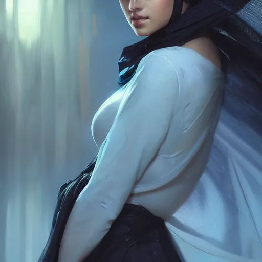 Image similar to a hyperrealistic render of an arab ameera al taweel, blue eyes, black hair, white veil,by WLOP,Artgerm,Greg Rutkowski,Alphonse Mucha, Beautiful dynamic dramatic dark moody lighting,shadows,cinematic atmosphere,Artstation,concept design art,Octane render,8K