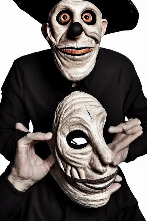 Prompt: portrait photo of an old wrinkled man, skinny face, bony face, long crooked nose, large gaping mouth, black pulcinella mask, masquerade mask, pointy conical hat, white wrinkled shirt, holding up a pizza, presenting a large pizza, close - up, skin blemishes, menacing, intimidating, masterpiece by kenneth willardt