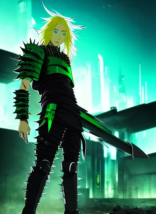 Prompt: a striking cinematic anime full body portrait of a male warrior with long blonde hair and blue eyes wearing evil green spiked cyberpunk armour and standing in the desolate burning ruins of a futuristic city by hirohiko araki and beeple, fine details, digital art, character concept art, volumetric lighting, cinematic light