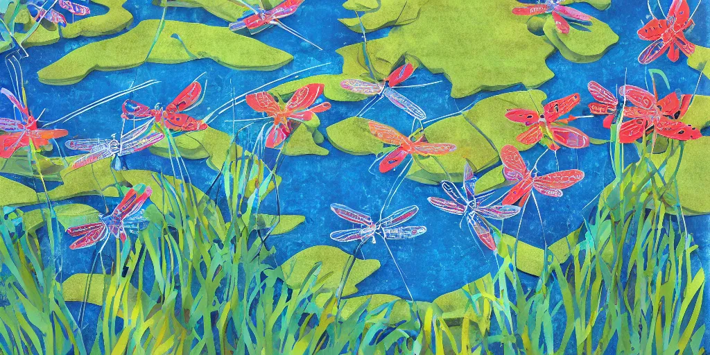 Image similar to dragonflies darting above a peaceful stream. hand - painted collage cut paper. by eric carle