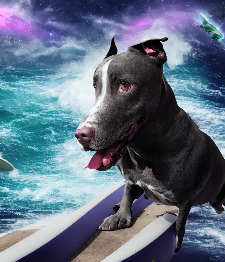 Image similar to photo of a dark gray coat pit bull with a white paws and a white nose!, surfing on a surfboard in a crashing wave of alien ocean in space, background is an alien galaxy, aliens in the background, alien colors, octane render, unreal engine, wide view, 8 k, highly detailed