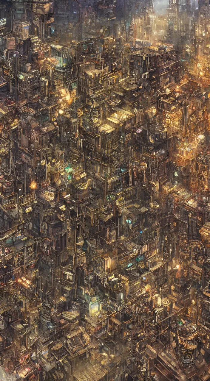 Prompt: hyper detailed painting of a steampunk city intertwining with a cyberpunk city,