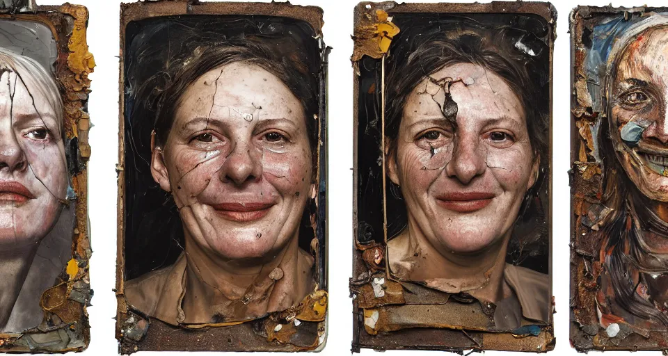 Image similar to a triptych of close up portraits of a very ordinary middle-aged woman with a smiling expression, Anselm Kiefer and Lucian Freud and Jenny Saville, tintype, oil painting, rust, Scaffolding, rusted metal and sunflowers, iron cladding, decay, mixed media, textured, anatomically correct, beautiful perfect face, visible brushstrokes, sharp focus, twisted electrical wire, Highly Detailed, nails, photographic emulsion cracked and peeling, Cinematic Lighting, 8k, HD