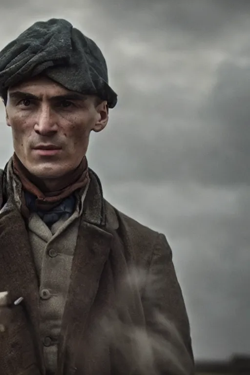 Image similar to a portait photo of Thomas Shelby in a battlefield, epic image, path tracing, complementary colours, high quality, 4k HDR, dramatic lighting, cinematic, highly detailed, high coherence, dedined face, anatomically correct, five fingers, war, cold environment