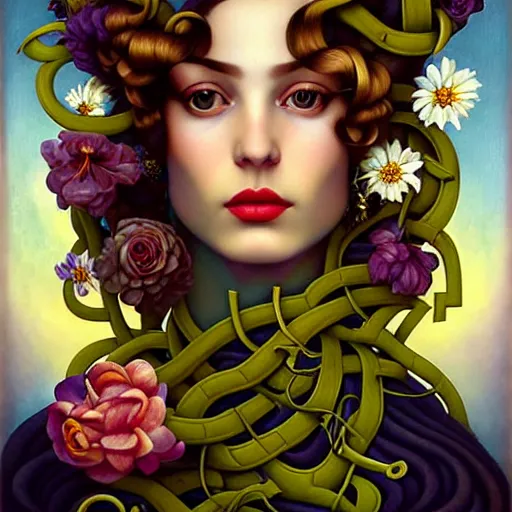 Image similar to dynamic composition, a painting of woman with hair of ( summer flowers )!! and vines wearing ornate earrings, ornate gilded details, a surrealist painting by tom bagshaw and jacek yerga and tamara de lempicka and jesse king, featured on cgsociety, pop surrealism, surrealist, dramatic lighting, wiccan, pre - raphaelite