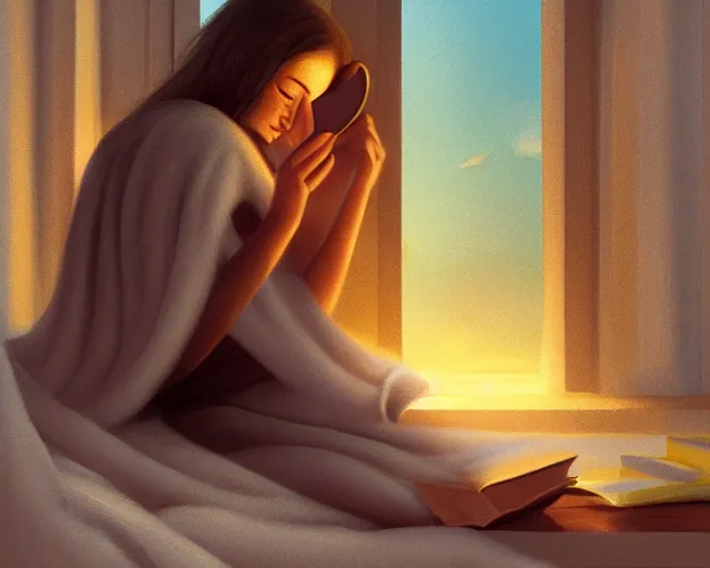 Prompt: a realistic beautiful warm matte painting of a woman curled up with a blanket reading a good book next to her friendly cat who is purring with eyes closed. they are both sitting next to a window as the sun sets in winter, by ilya kuvshinov, crisp, detailed, trending on artstation