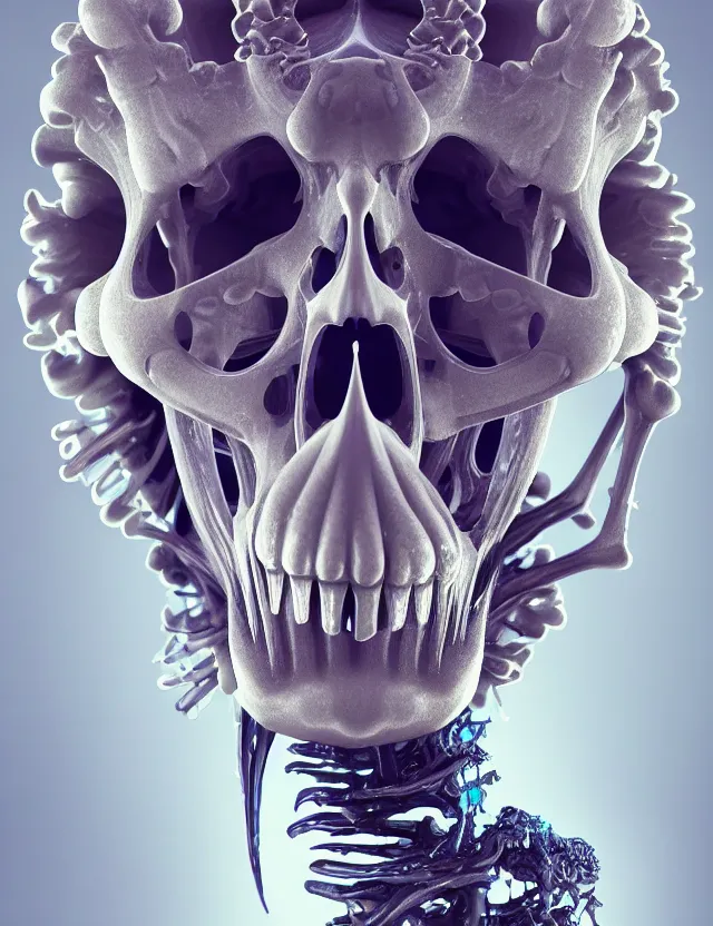 Image similar to 3 d goddess skeleton macro close - up portrait with crown made of ram skull. betta fish, jellyfish phoenix, bioluminiscent, plasma, ice, water, wind, creature, super intricate ornaments artwork by tooth wu and wlop and beeple and greg rutkowski