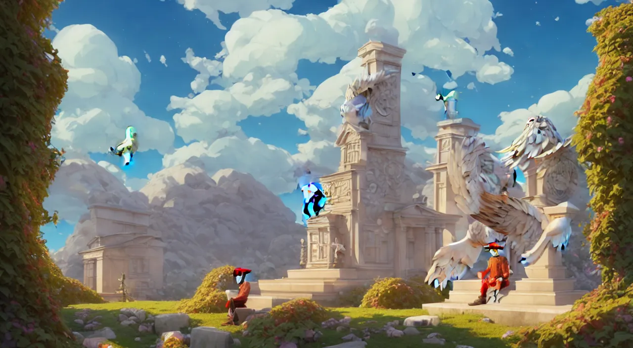 Prompt: painting of antic sitting seagull statue and hill valley Nordic temple of olympus glory hogweed plant grow flower ,in marble incrusted of legends heartstone official fanart behance hd by Jesper Ejsing, by RHADS, Makoto Shinkai and Lois van baarle, ilya kuvshinov, rossdraws global illumination