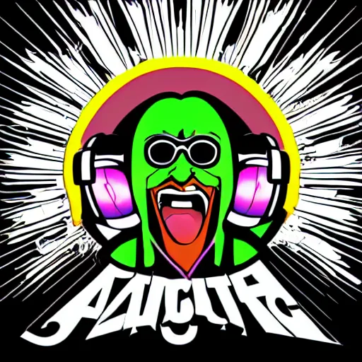 Image similar to svg vector sticker of absolutely insane-mad-scientist-villain, rocking out, wearing headphones, huge speakers, dancing, rave, DJ, spinning records, digital art, amazing composition, rule-of-thirds, award-winning, trending on artstation, featured on deviantart