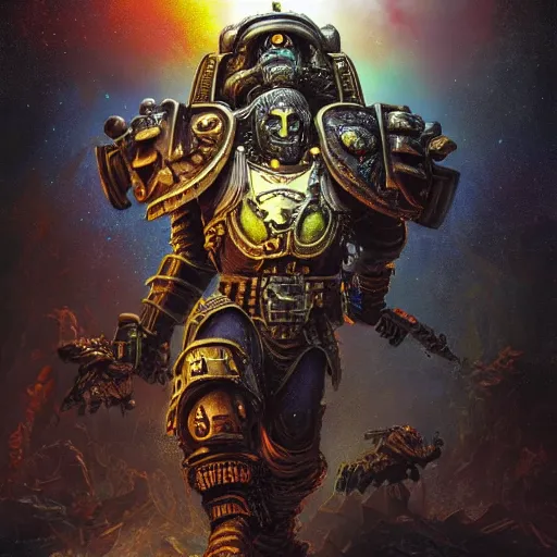 Image similar to photorealistic warhammer 4 0 k in the style of michael whelan and gustave dore. hyperdetailed photorealism, 1 0 8 megapixels, fully clothed, lunar themed attire, amazing depth, glowing rich colors, powerful imagery, psychedelic overtones, 3 d finalrender, 3 d shading, cinematic lighting, artstation concept art