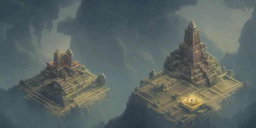 Prompt: an isometric temple in the clouds, by greg rutkowski and games gurney, trending on artstation