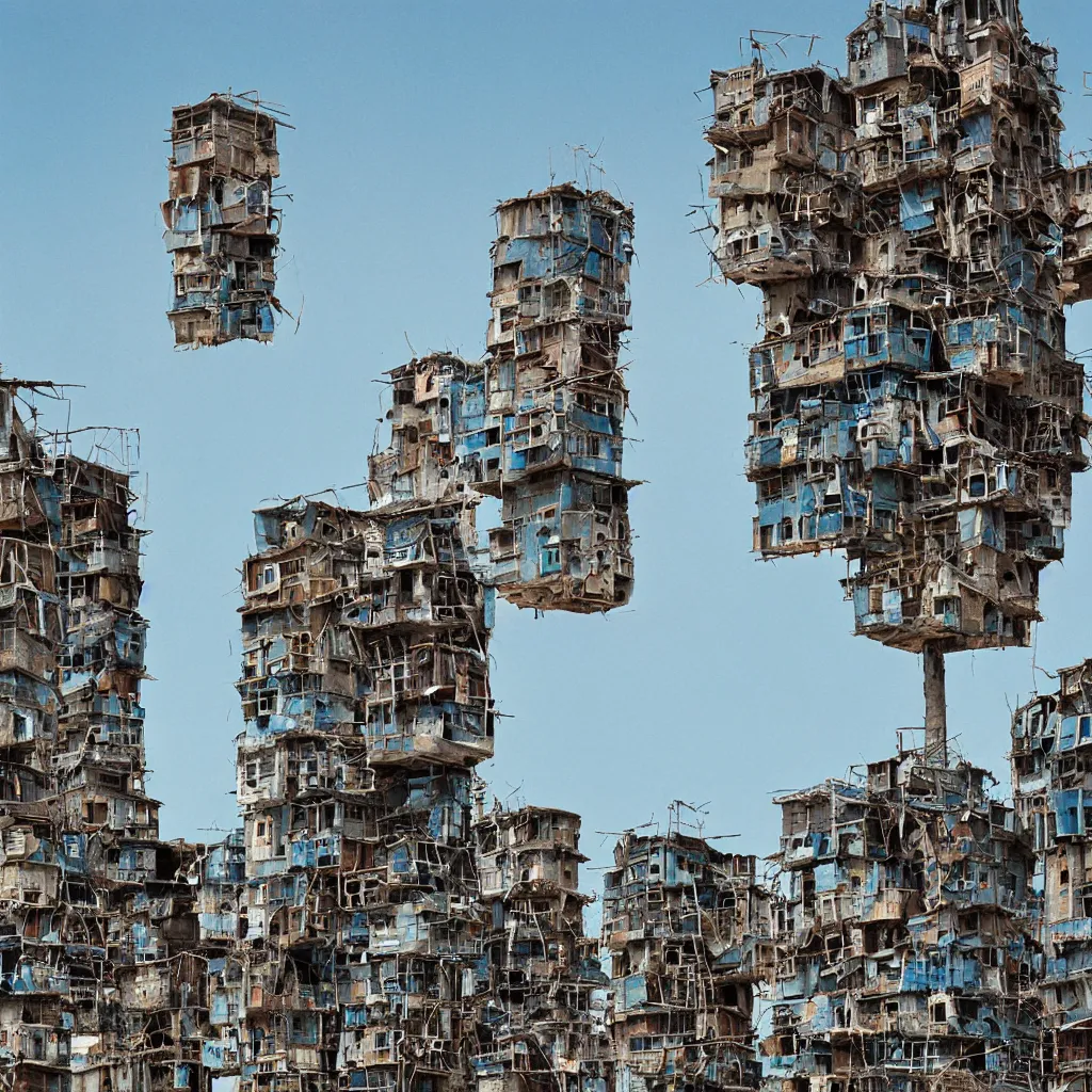 Image similar to close - up towers made up of makeshift squatter shacks with faded colours, plain uniform light blue sky, dystopia, mamiya, very detailed, ultra sharp, photographed by john chiara