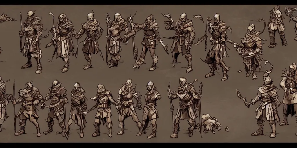 Image similar to warrior enemy character design. idle. attack. sprite sheet, darkest dungeon. pc game. sideview. transparent background. art by moebius and greg rutkowski.