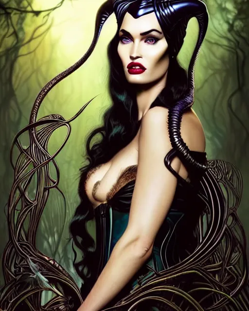 Image similar to new art nouveau portrait of fantasy succubus maleficent megan fox wearing a leather corset in a magical forest, anna dittmann, moebius, wlop, artgerm, patrick nagle, charlie bowater and loish. long windblown hair, ultrasharp focus, dramatic lighting, barbwire vine arches, photorealistic digital matte painting, intricate.