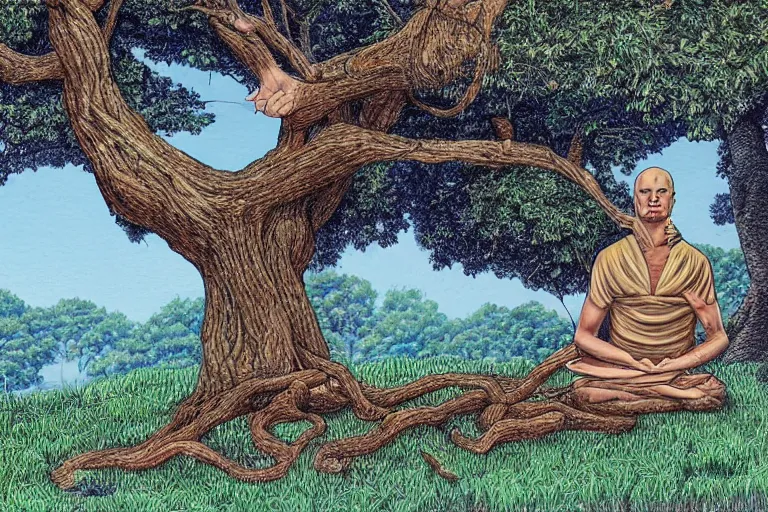 Image similar to a man meditating under a tree by alan davis and alex grey,