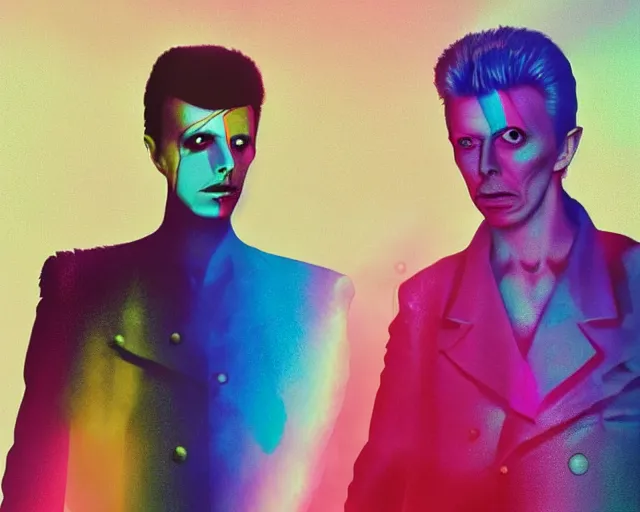 Image similar to david bowie and freddy mercury starring at the camera, neutral face, 4k, pastel colours, by beeple, album cover