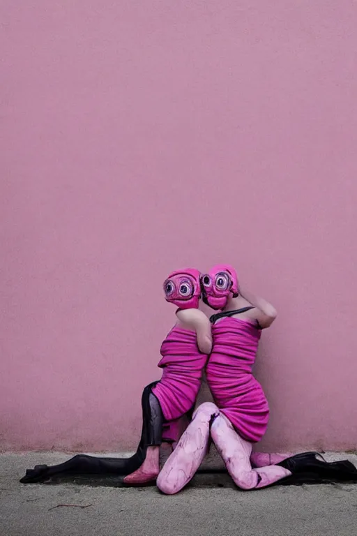 Image similar to a surreal portrait of intertwined and contorted figures wearing gas mask next to a pink wall in the style of brooke didonato, editorial fashion photography from vogue magazine, full shot, nikon d 8 1 0, ƒ / 2. 5, focal length : 8 5. 0 mm, exposure time : 1 / 8 0 0, iso : 2 0 0