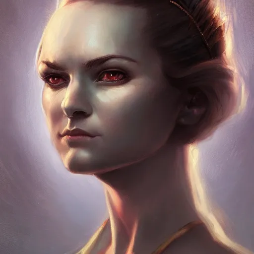 Image similar to a detailed matte head - on portrait painting of an middle - aged half - tiefling noblewoman with golden eyes and short well kept hair, by charlie bowater, lise deharme, wlop, tending on arstation, dungeons and dragon, dnd, pathfinder, fanart, oil on canvas