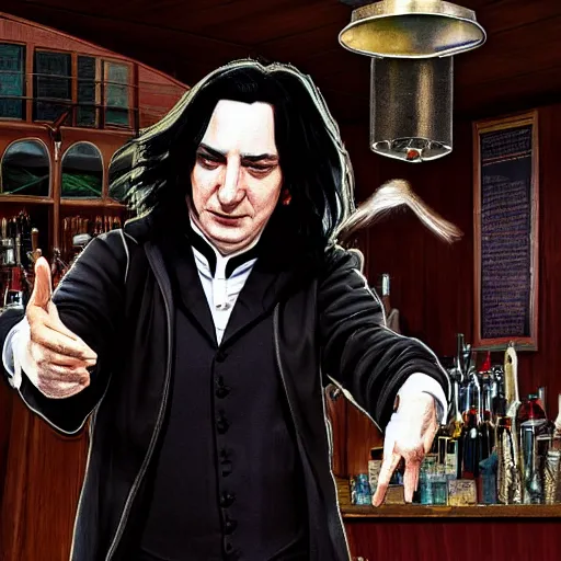Prompt: Severus Snape dancing in a bar, full body, realistic, digital art