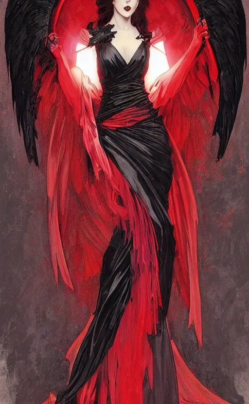 Image similar to Female dark angel in gothic red and black dress, their black wings are extended. By artgerm and greg rutkowski and alphonse mucha