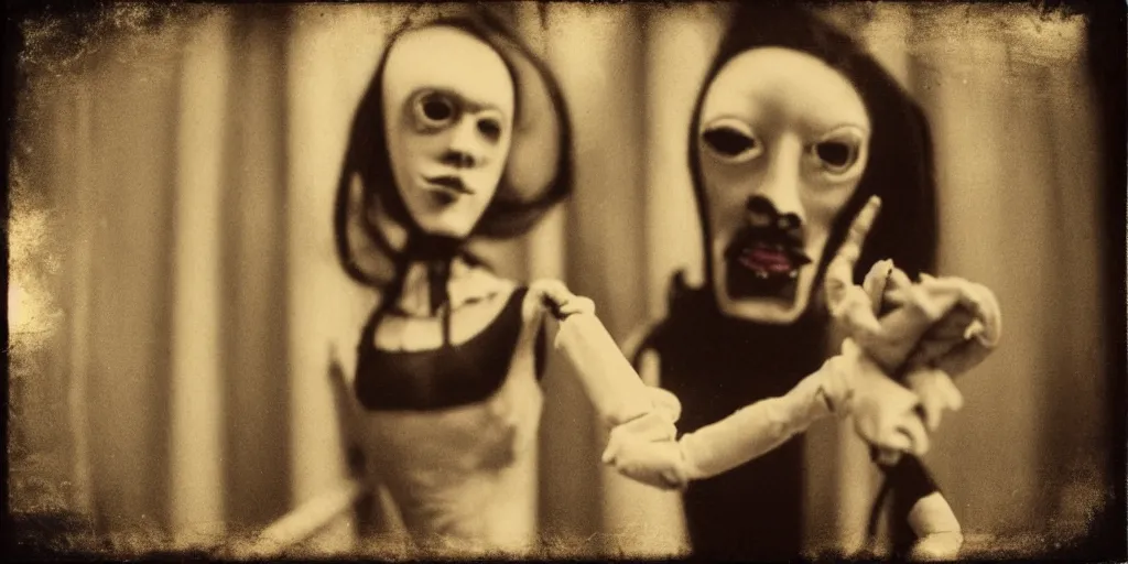 Prompt: 1 9 7 0 s female alive, eerie, creepy masked marionette puppet, lana del rey, unnerving, clockwork horror, pediophobia, lost photograph, dark, forgotten, final photo found before disaster, realistic, vintage noir, polaroid,